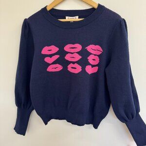 Nanette Lepore Womens Blue Pink Kisses Long Sleeve Pullover Sweater - Size M